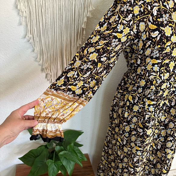 Pretty garden black and yellow boho floral print maxi dress medium - Picture 2 of 7